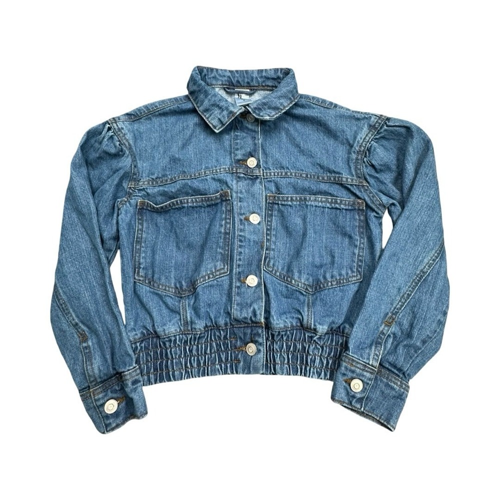 Violet Romance Denim Jacket Womens‎ 4 Blue Cropped Puff Sleeve Smocked Waist